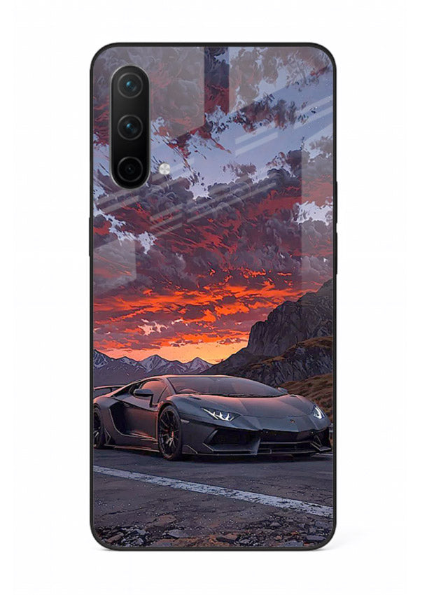 Hypercar at sunset printed on glossy tempered glass OnePlus Nord CE 5G back cover