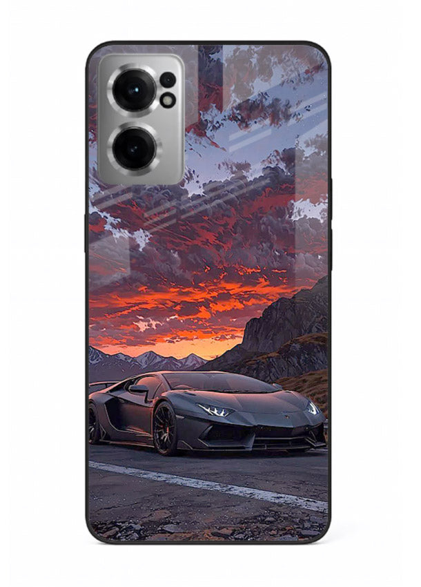 Hypercar at sunset printed on glossy tempered glass OnePlus Nord CE2 5G back cover