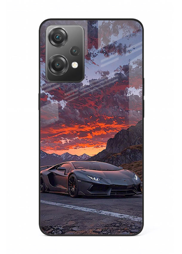 Hypercar at sunset printed on glossy tempered glass OnePlus Nord CE2 Lite 5G back cover
