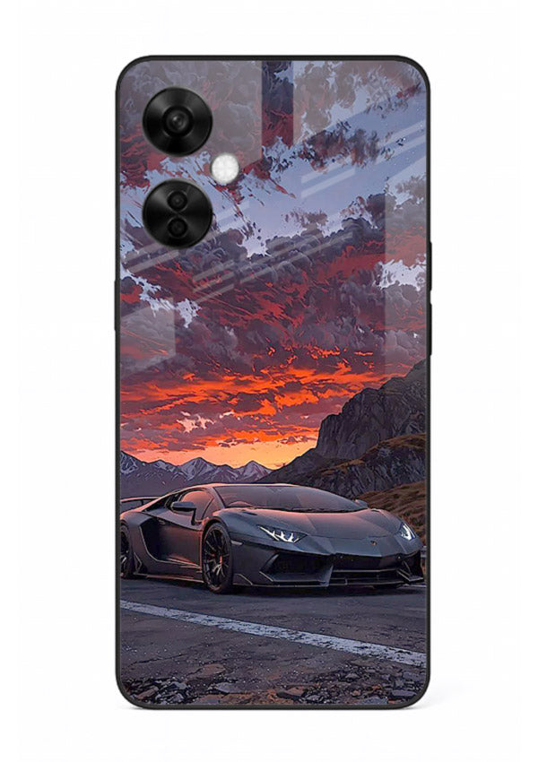 Hypercar at sunset printed on glossy tempered glass OnePlus Nord CE3 Lite back cover