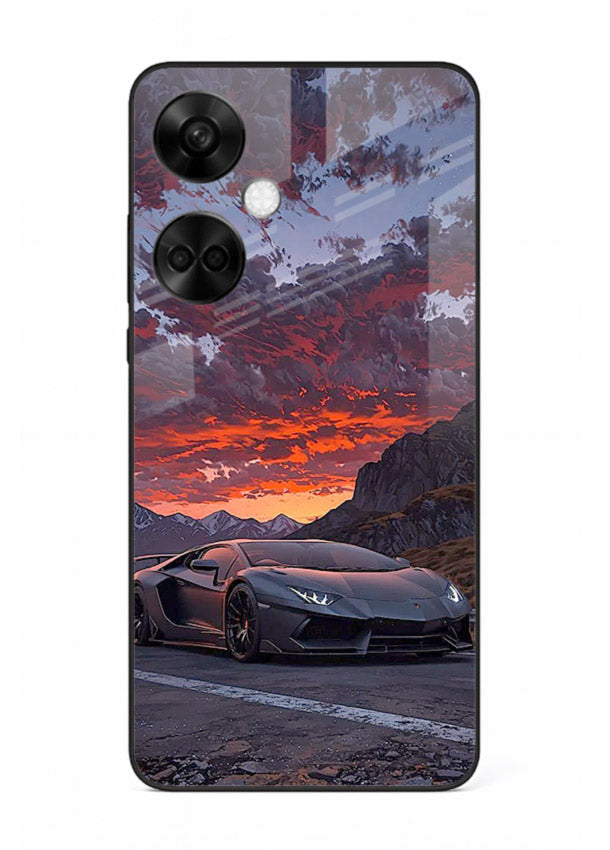 Hypercar at sunset printed on glossy tempered glass OnePlus Nord CE3 back cover