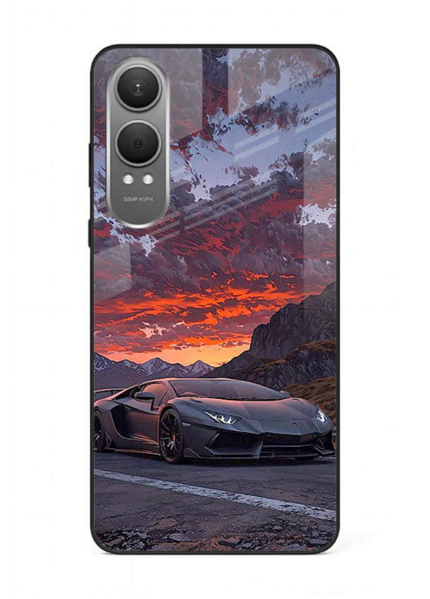 Hypercar at sunset printed on glossy tempered glass OnePlus Nord CE4 Lite back cover