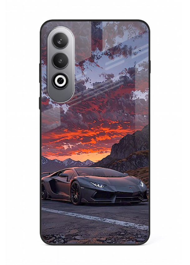 Hypercar at sunset printed on glossy tempered glass OnePlus Nord CE4 back cover