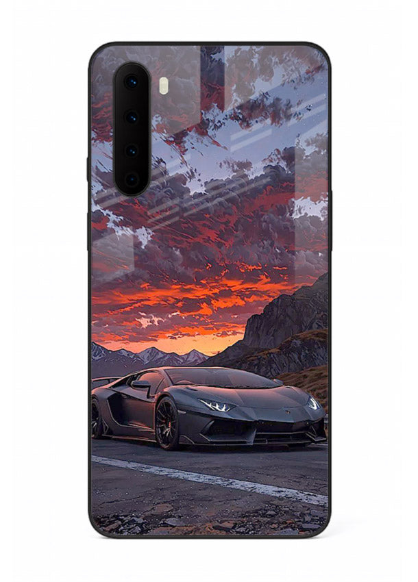 Hypercar at sunset printed on glossy tempered glass OnePlus Nord back cover