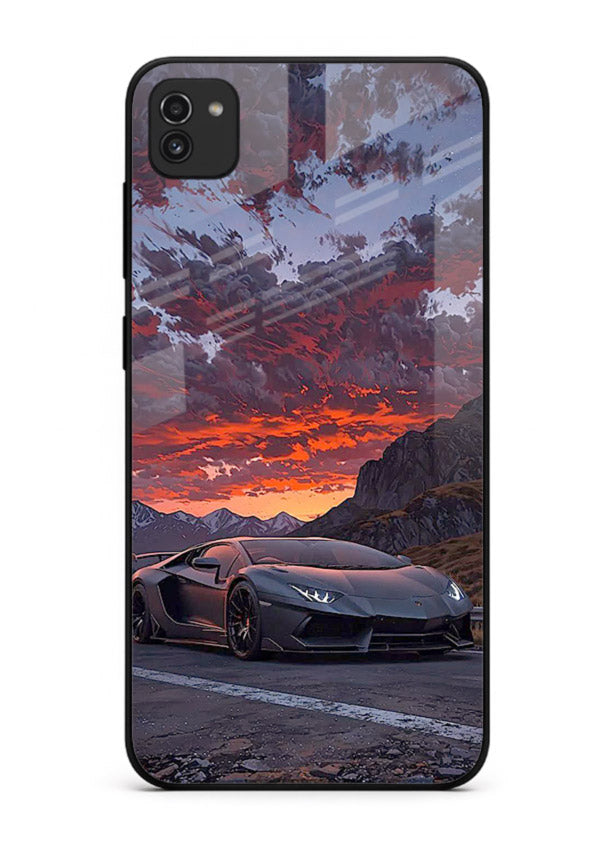 Hypercar at sunset printed on glossy tempered glass Samsung A03 back cover