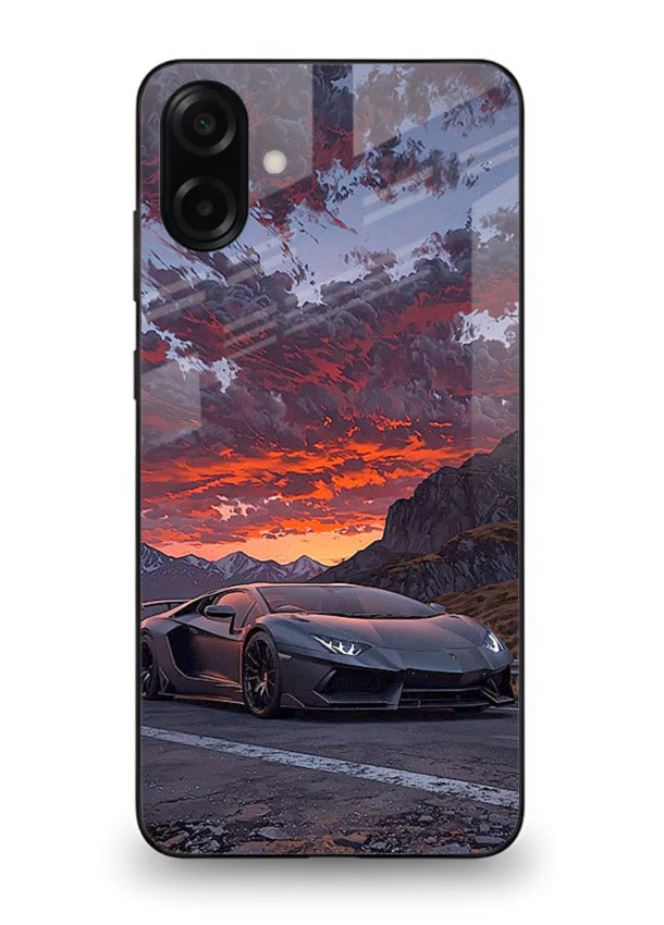 Hypercar at sunset printed on glossy tempered glass Samsung M13 5G back cover
