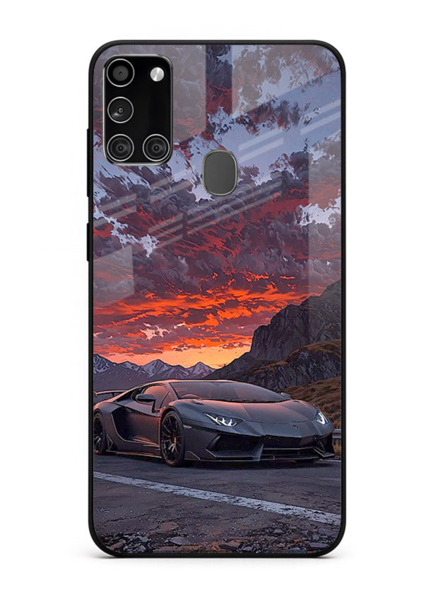 Hypercar at sunset printed on glossy tempered glass Samsung A21s back cover
