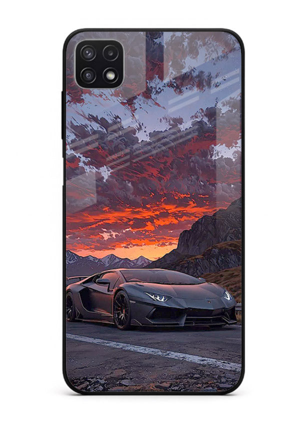 Hypercar at sunset printed on glossy tempered glass Samsung A22 5G back cover