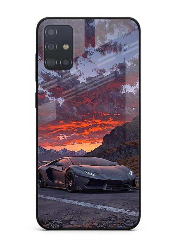 Hypercar at sunset printed on glossy tempered glass Samsung A51 back cover