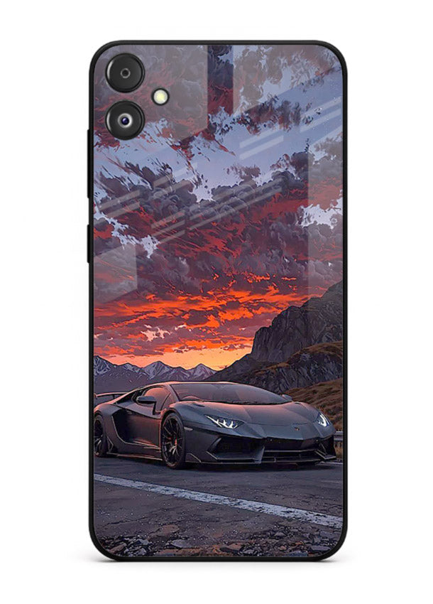 Hypercar at sunset printed on glossy tempered glass Samsung F05 5G back cover