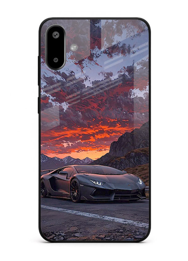 Hypercar at sunset printed on glossy tempered glass Samsung F06 5G back cover