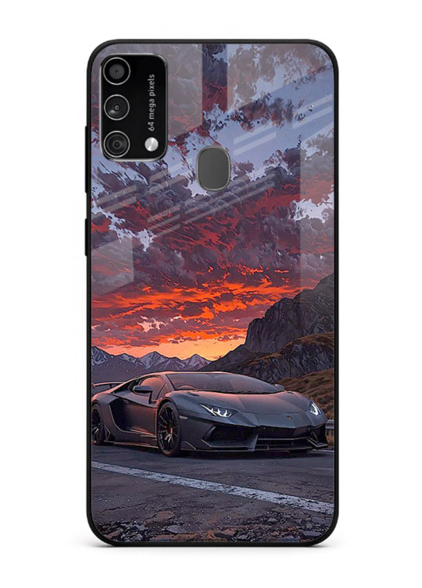 Hypercar at sunset printed on glossy tempered glass Samsung F41 back cover