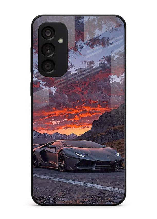 Hypercar at sunset printed on glossy tempered glass Samsung F34 5G back cover