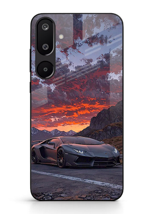 Hypercar at sunset printed on glossy tempered glass Samsung F16 5G back cover