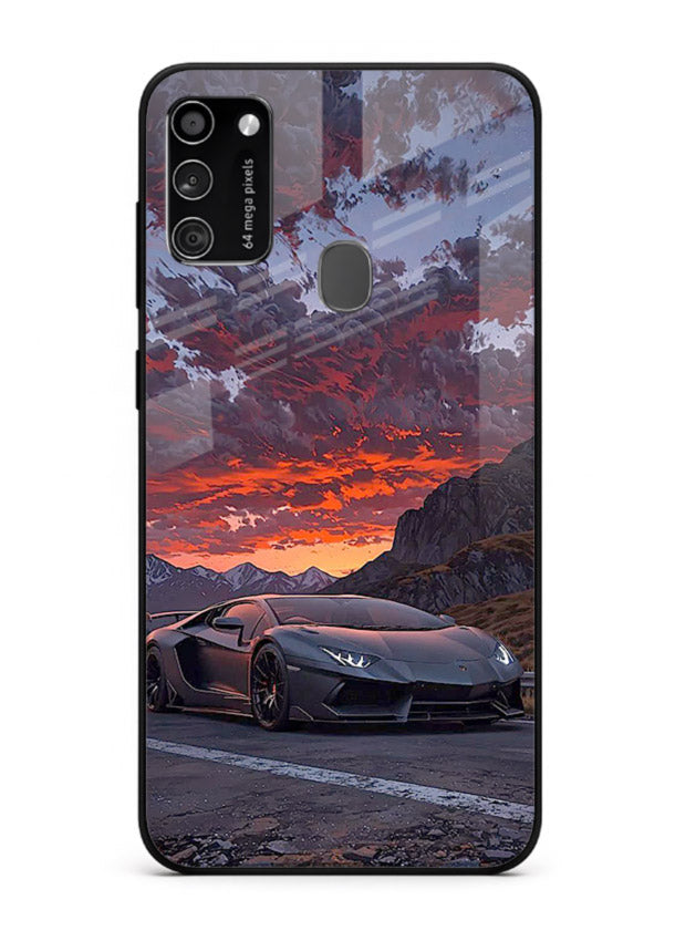 Hypercar at sunset printed on glossy tempered glass Samsung M21 back cover