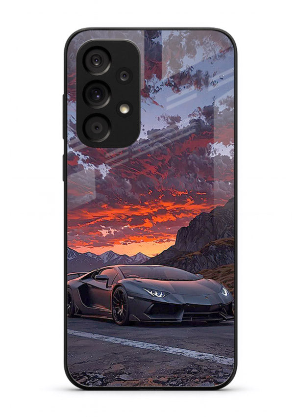 Hypercar at sunset printed on glossy tempered glass Samsung A73 5G back cover