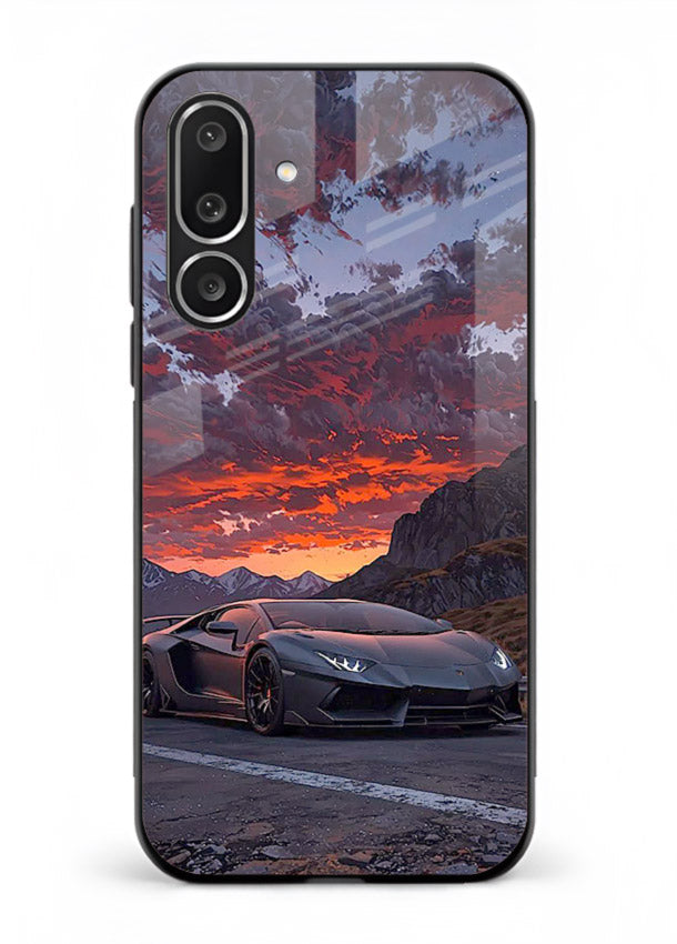Hypercar at sunset printed on glossy tempered glass Samsung M56 5G back cover