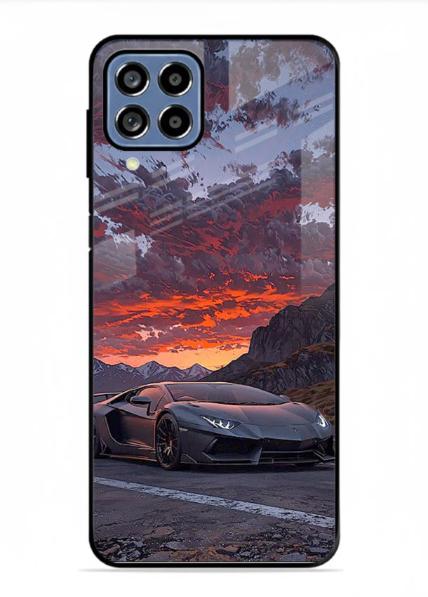 Hypercar at sunset printed on glossy tempered glass Samsung A22 4G back cover