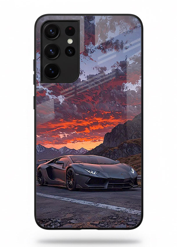 Hypercar at sunset printed on glossy tempered glass Samsung S21 Ultra back cover