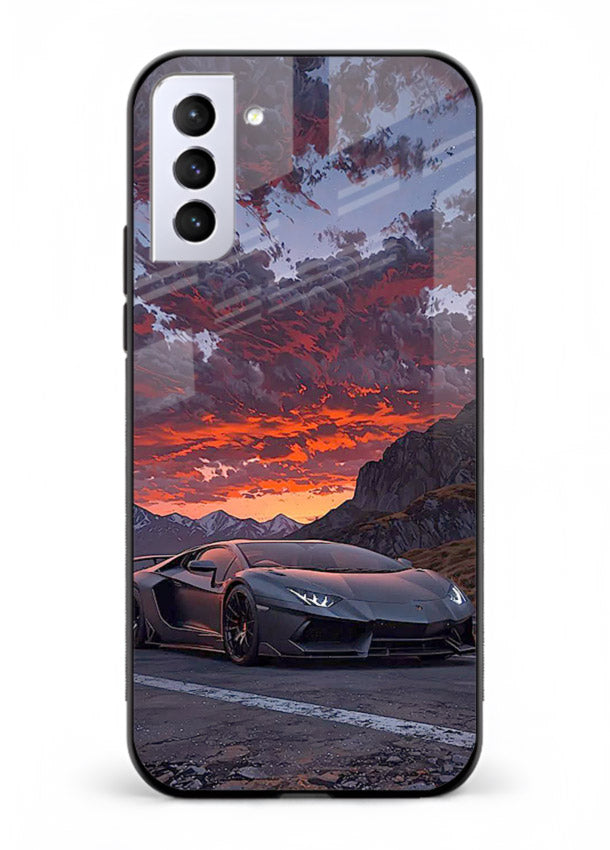 Hypercar at sunset printed on glossy tempered glass Samsung S21 Plus back cover