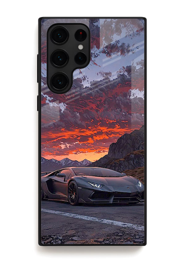 Hypercar at sunset printed on glossy tempered glass Samsung S25 Ultra back cover