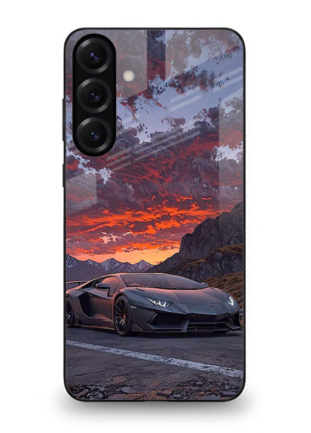 Hypercar at sunset printed on glossy tempered glass Samsung A16 5G back cover