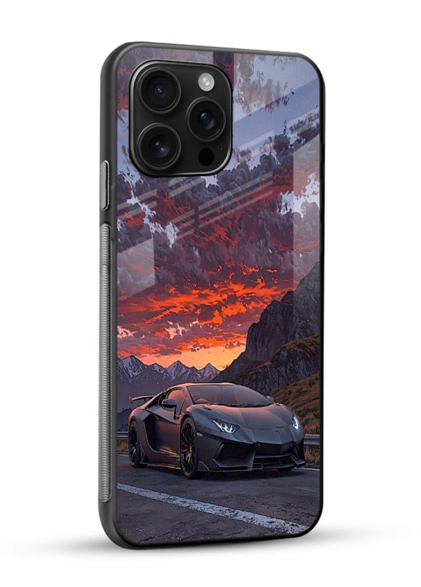 Hypercar at sunset printed on glossy tempered glass mobile back cover - 2