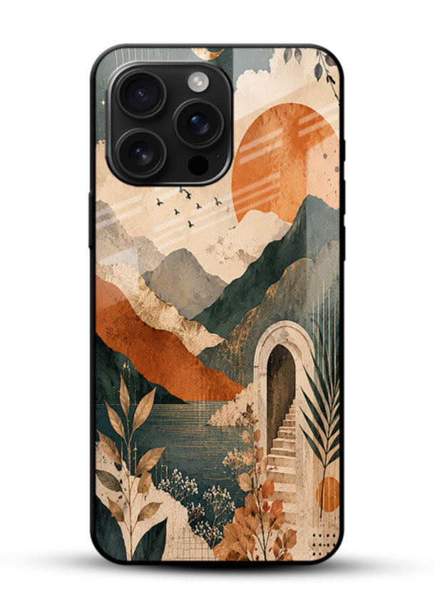 Sunset mountain floral glass back cover with orange ridgelines and starry sky design - 1