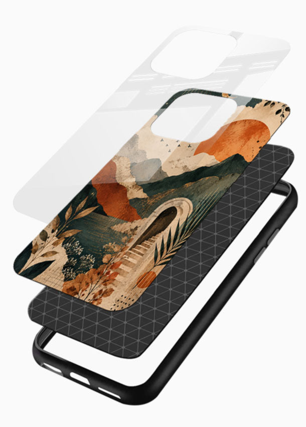 Sunset mountain floral glass back cover with orange ridgelines and starry sky design - 3