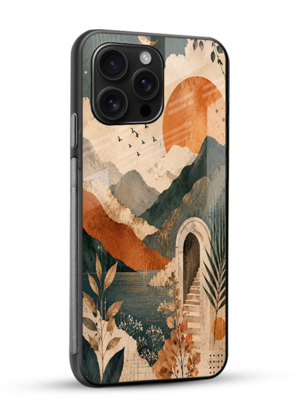 Sunset mountain floral glass back cover with orange ridgelines and starry sky design - 2