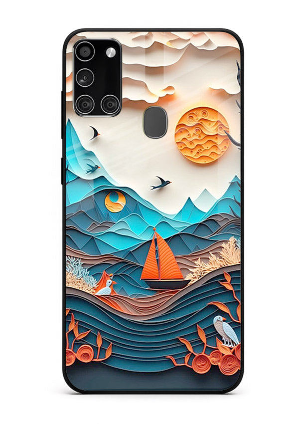 Sunset Paper Waves ocean sunset artwork Samsung A21s glass back cover