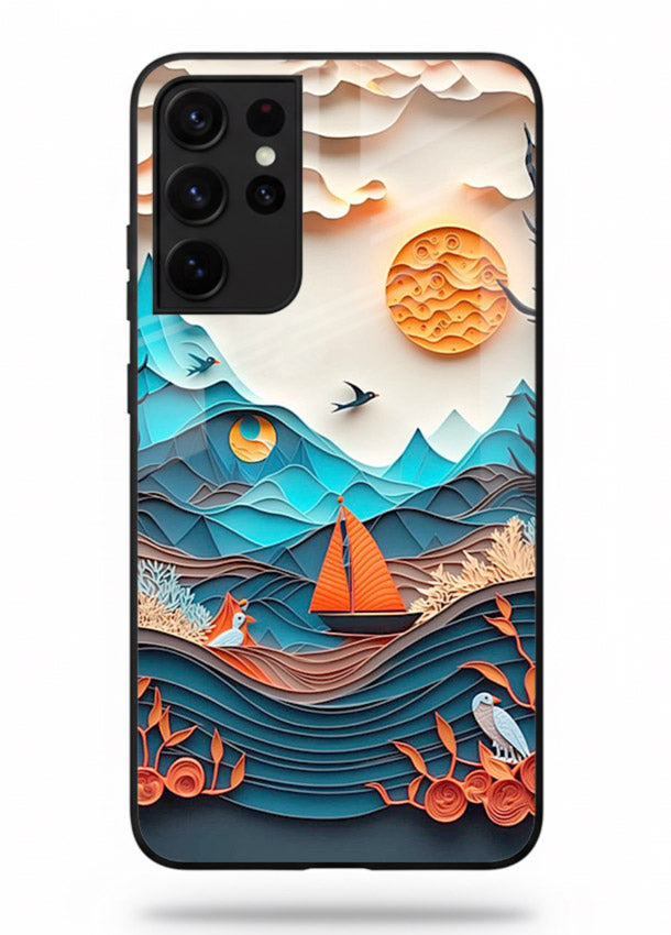 Sunset Paper Waves ocean sunset artwork Samsung S21 Ultra glass back cover