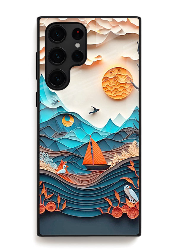 Sunset Paper Waves ocean sunset artwork Samsung S25 Ultra glass back cover