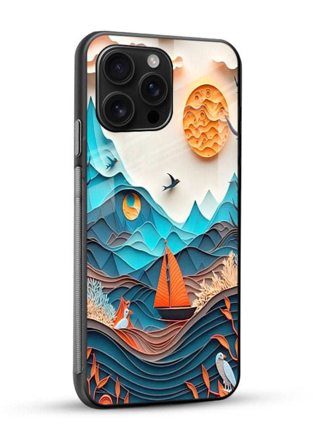 Sunset Paper Waves ocean sunset artwork glossy vibrant premium glass back cover - Angle Side