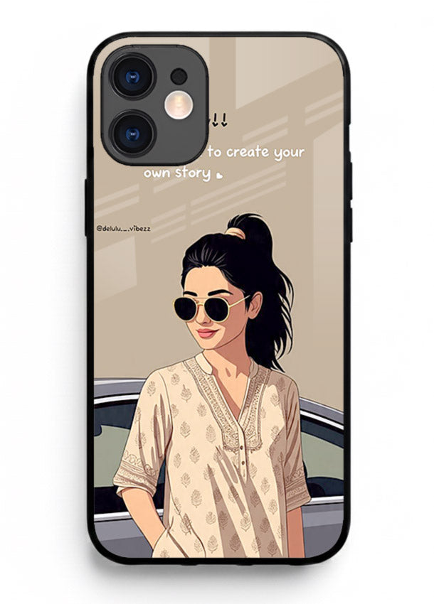 Confident woman illustration printed on iphone 12 glass back cover with bold tones.