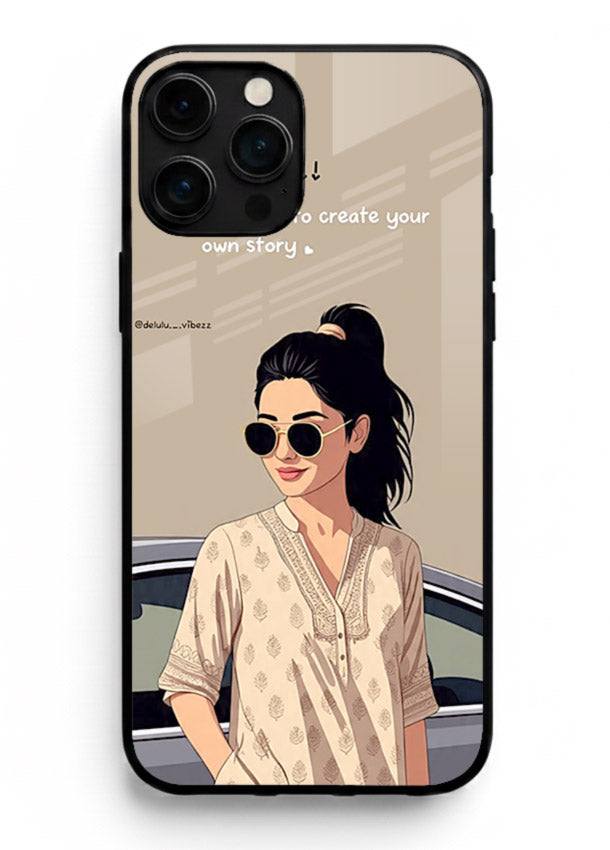 Confident woman illustration printed on iphone 11 pro max glass back cover with bold tones.