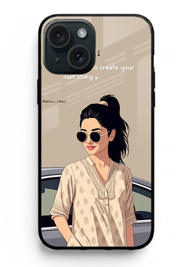 Confident woman illustration printed on iphone 13 mini glass back cover with bold tones.