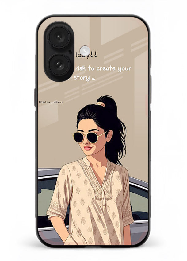 Confident woman illustration printed on iphone 16 glass back cover with bold tones.