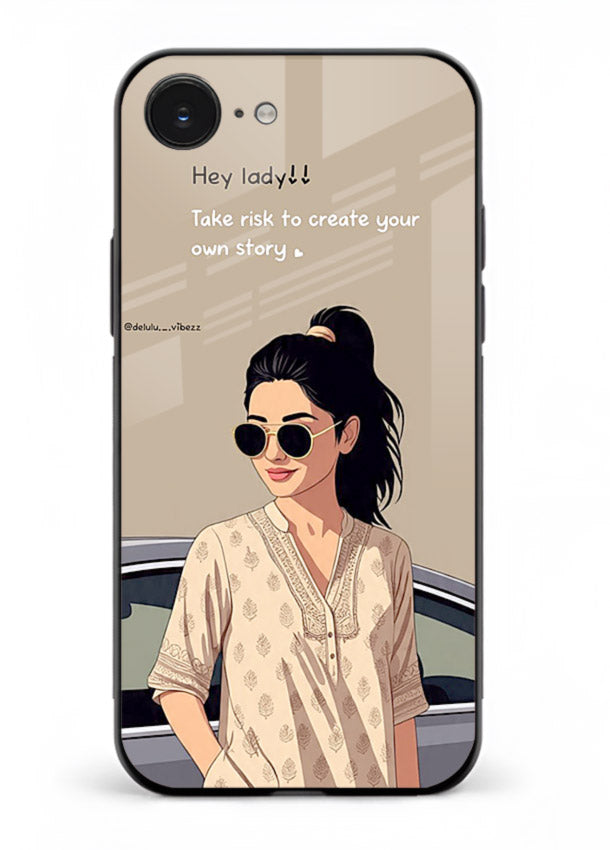 Confident woman illustration printed on iphone 16e glass back cover with bold tones.