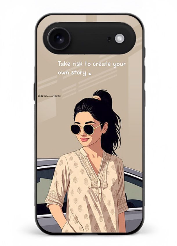 Confident woman illustration printed on iphone 18 air glass back cover with bold tones.
