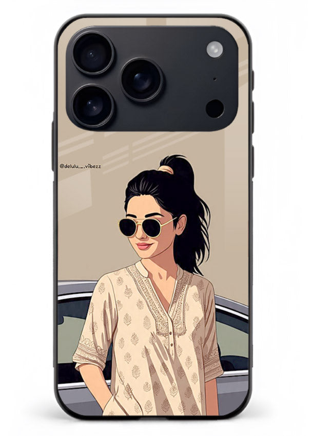 Confident woman illustration printed on iphone 18 pro max glass back cover with bold tones.