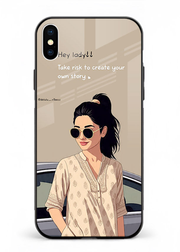 Confident woman illustration printed on iphone xs max glass back cover with bold tones.