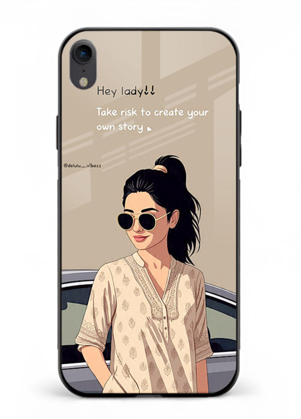 Confident woman illustration printed on iphone xr glass back cover with bold tones.