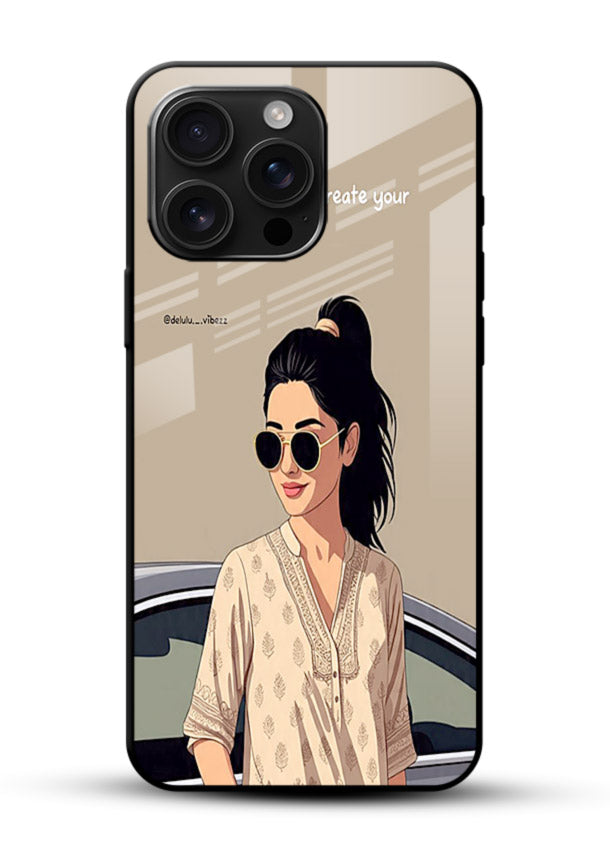 Confident woman illustration printed on glossy vibrant premium glass back cover with bold tones. - Angle Front