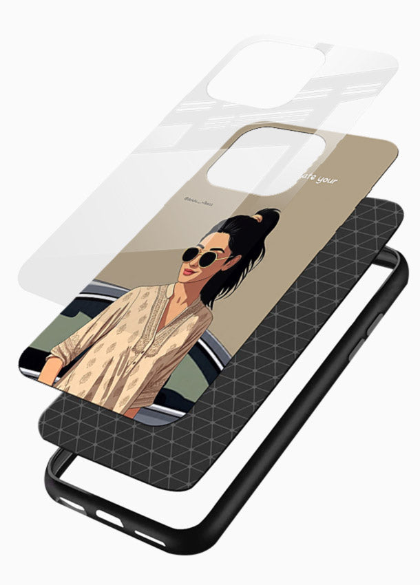 Confident woman illustration printed on glossy vibrant premium glass back cover with bold tones. - Angle Layers