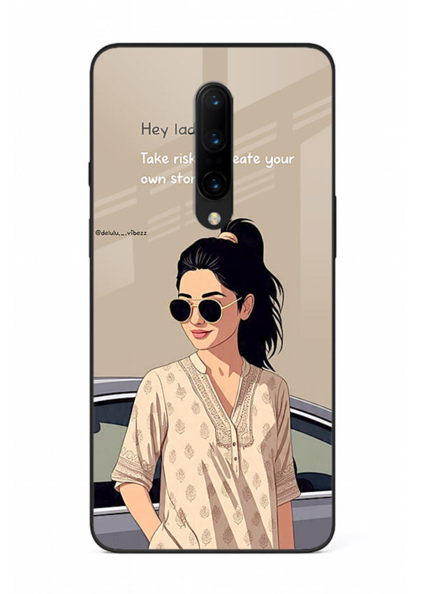 Confident woman illustration printed on OnePlus 8 glass back cover with bold tones.