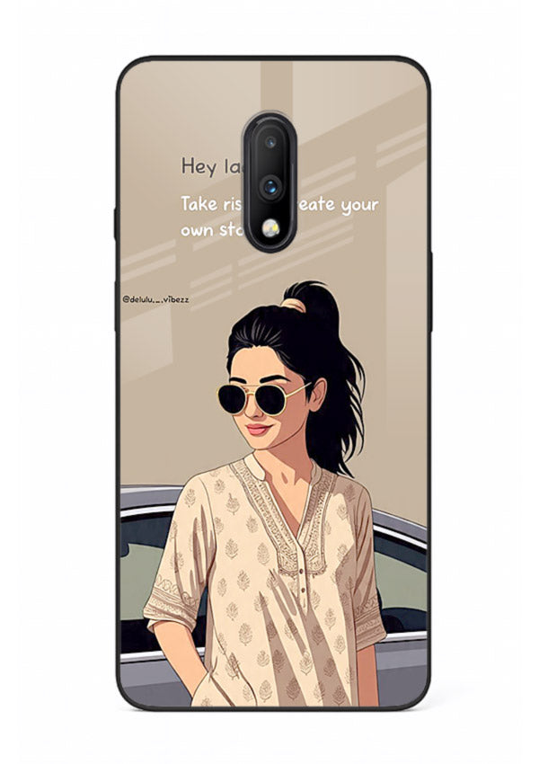 Confident woman illustration printed on OnePlus 7 glass back cover with bold tones.