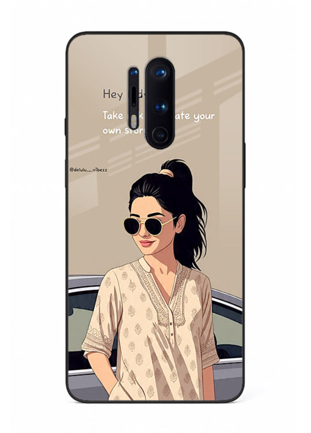 Confident woman illustration printed on OnePlus 8 Pro glass back cover with bold tones.