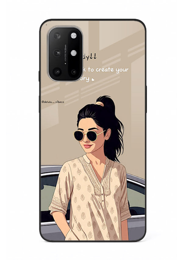 Confident woman illustration printed on OnePlus 8T glass back cover with bold tones.
