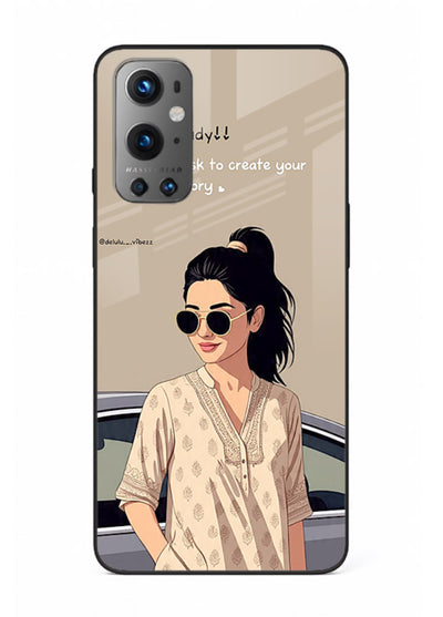 Confident woman illustration printed on OnePlus 9 glass back cover with bold tones.